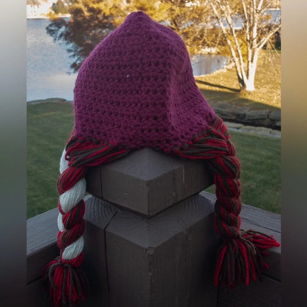 Handmade Crochet Anna-Inspired Hat – Burgundy Beanie‎ with Long Braided Pigtails